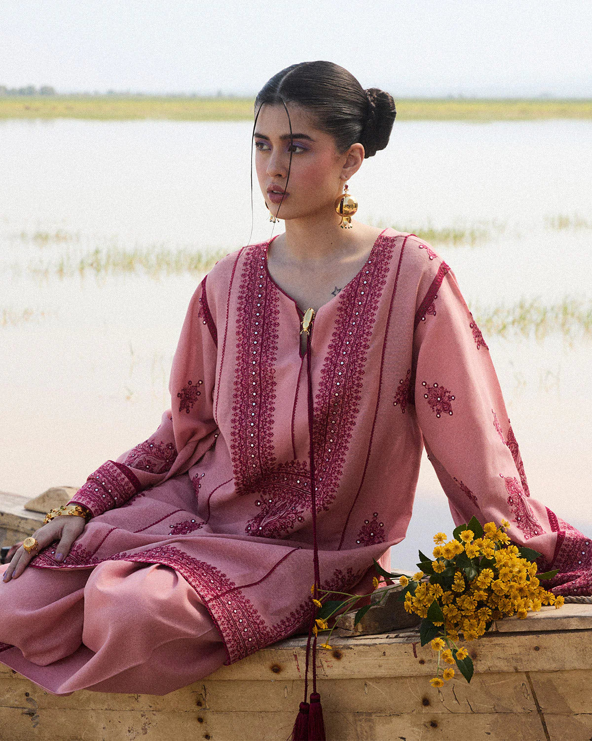 Pink Karandi embroidery Georgette Farshi set