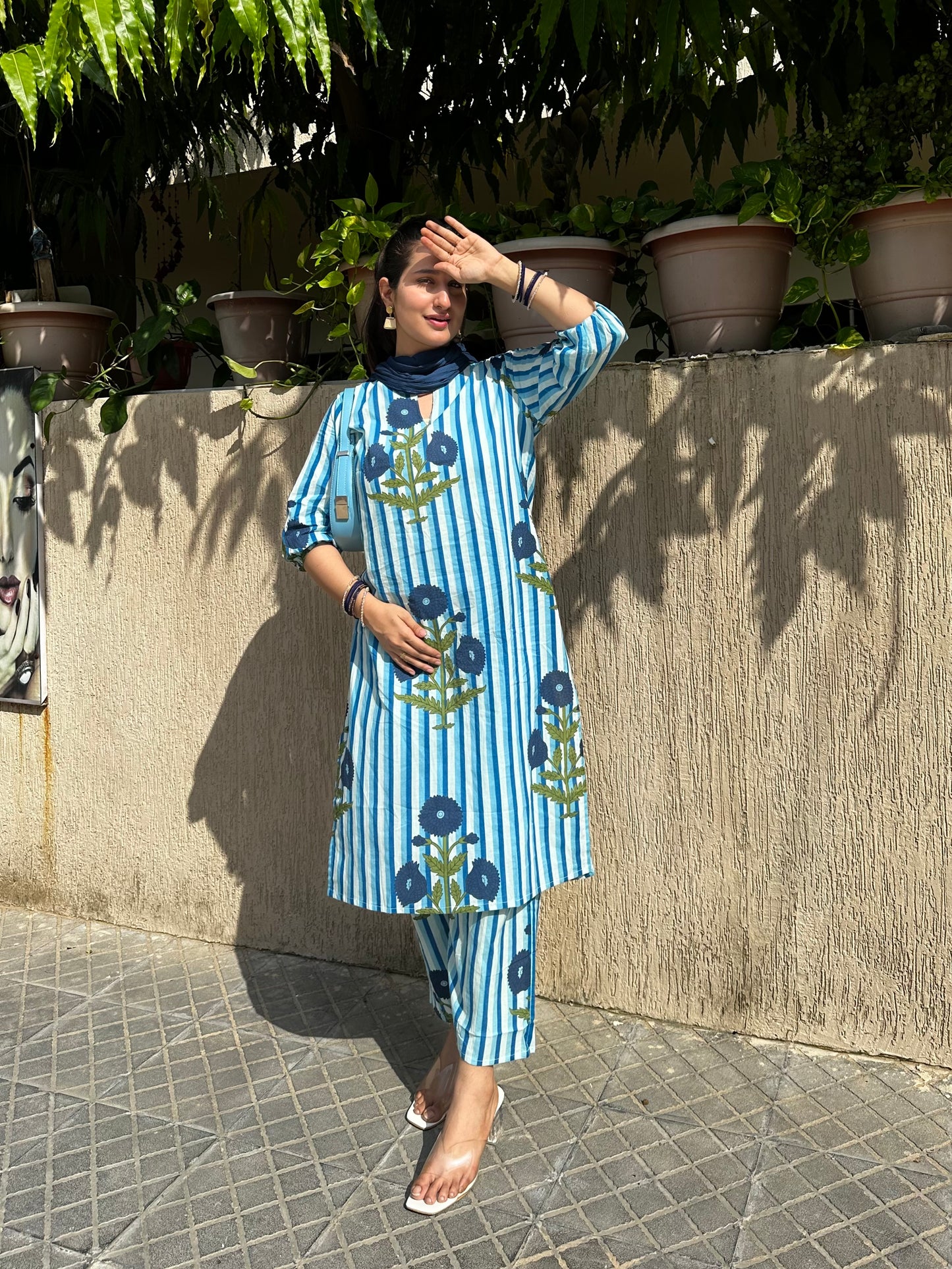 Blue Block print suit set
