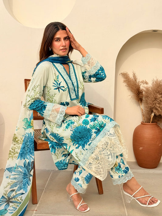 Deep teal Paradise Luxury Printed & Embroidered Set