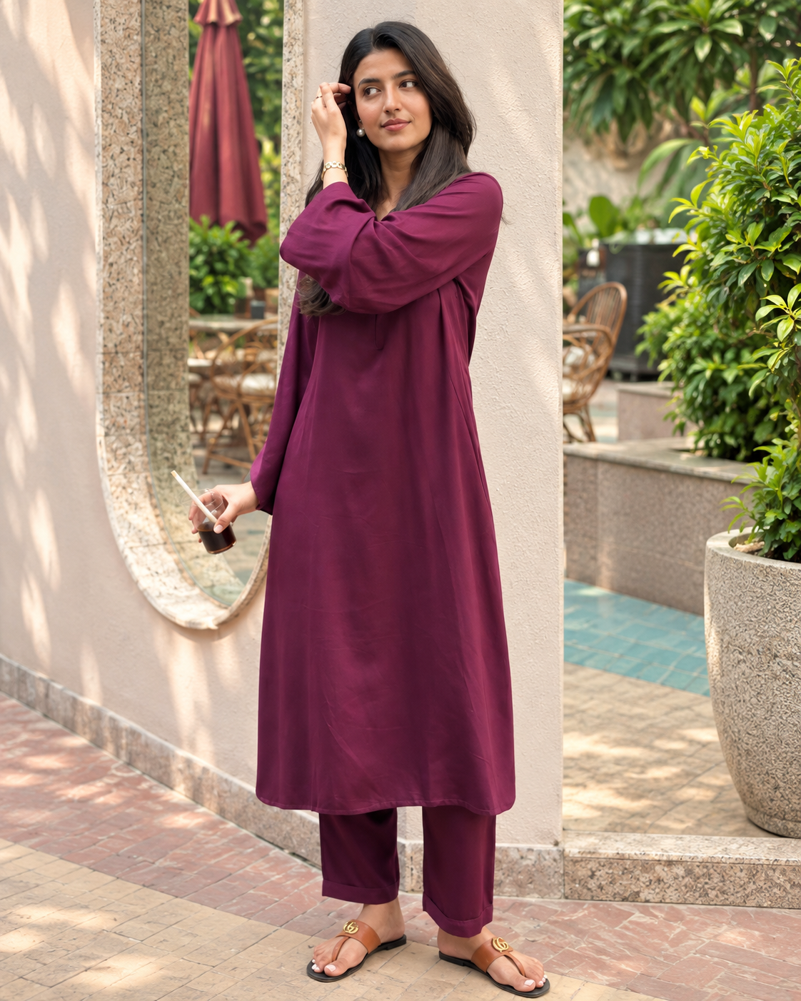 Wine Kaftan Set