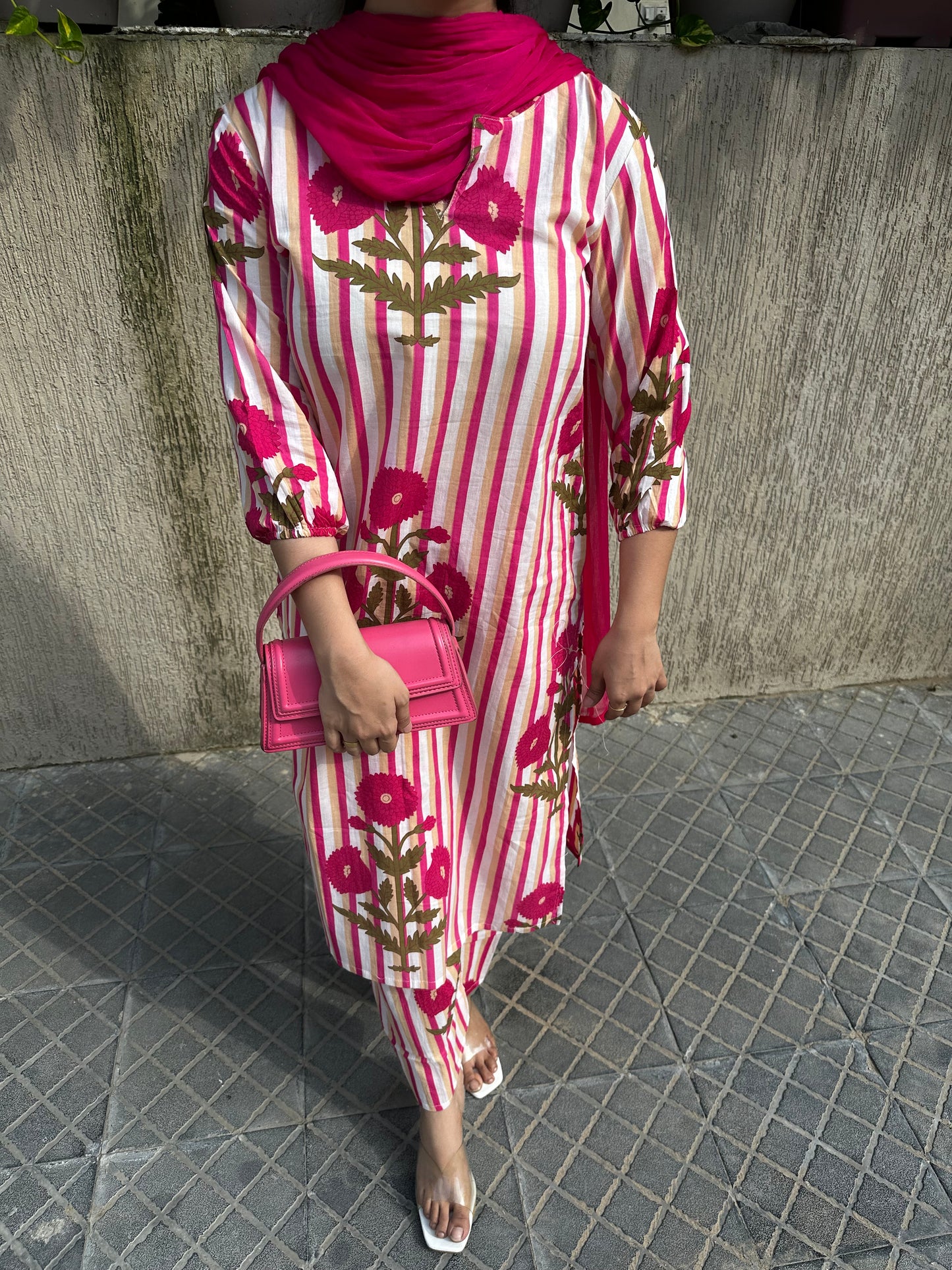 Pink block print suit set
