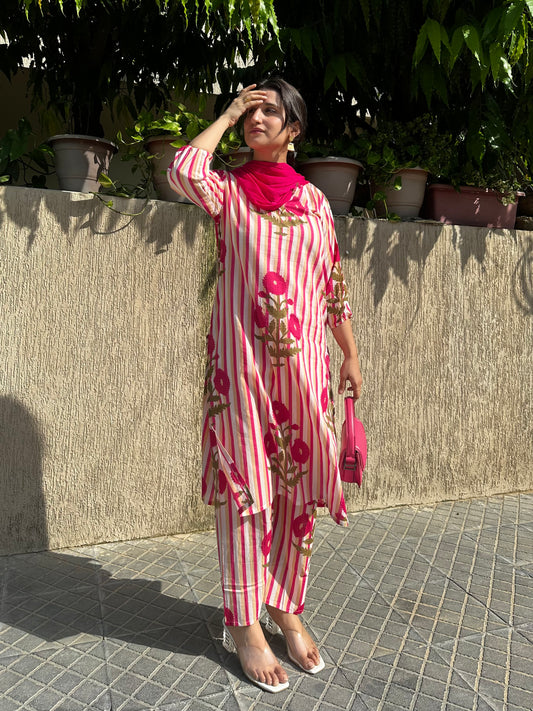 Pink block print suit set