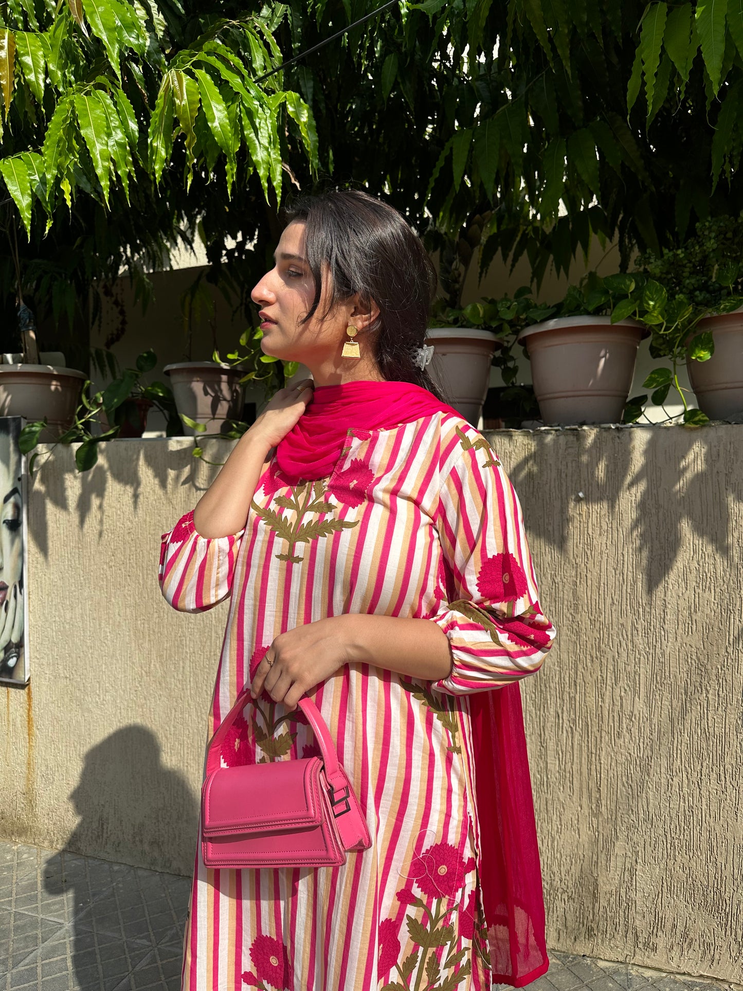 Pink block print suit set