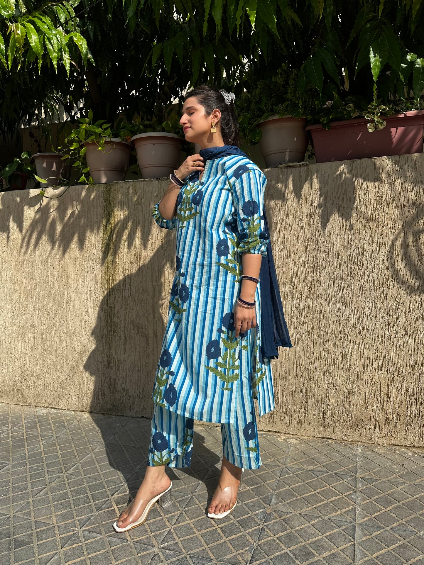 Blue Block print suit set