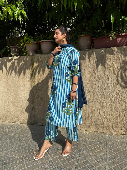 Blue Block print suit set